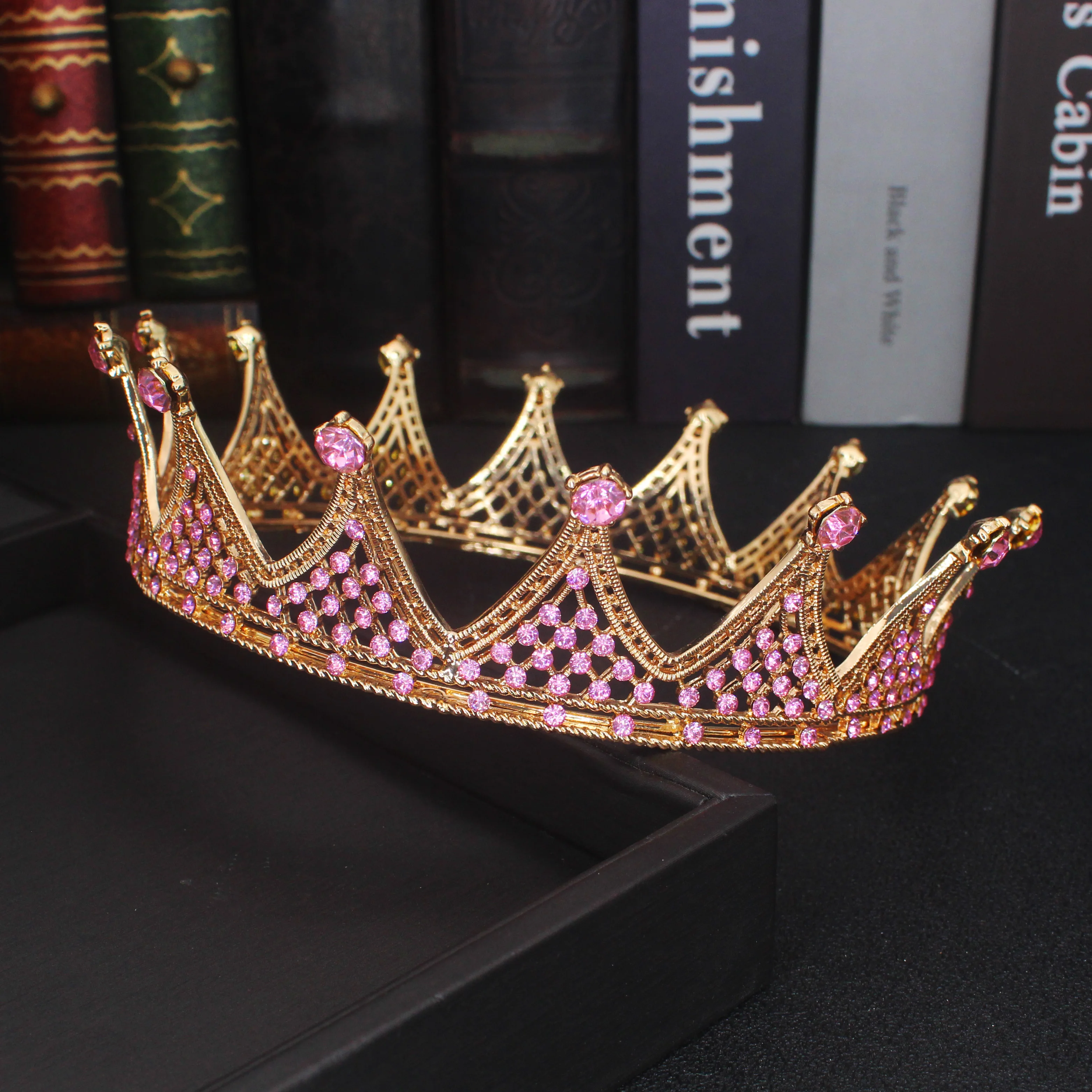 

Pink Crystal Princess Tiara Crown Queen King Pageant Prom Diadem Rhinestone Men Hair Ornaments Wedding Jewelry Accessories