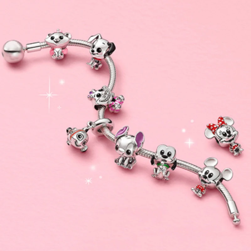 

Cute Mickey Mouse Charms Bracelet Men Disney Flounder Pluto Dog Beads Jewelry For Women Cheshire Marie Cat Stitch Minnie Bangles