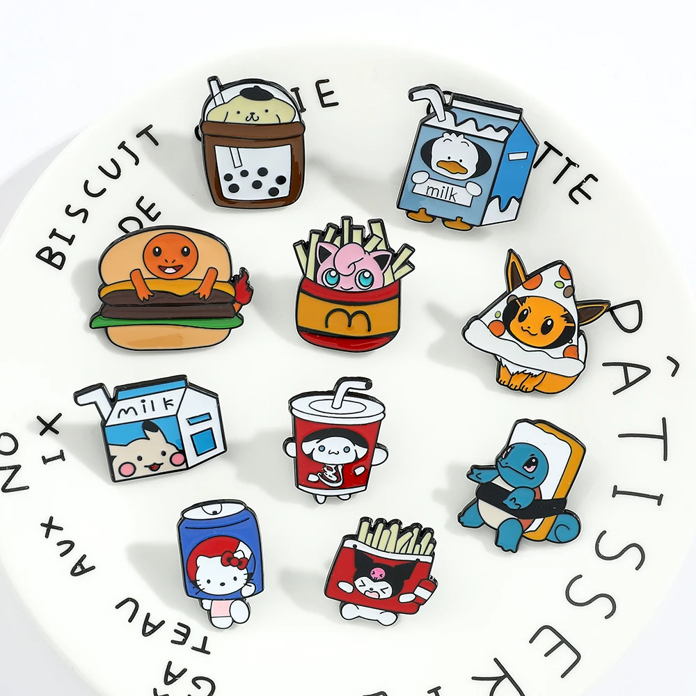 Cute Sanrio Fast Food Enamel Pins Hello Kitty Brooches Kuromi Cinnamoroll Anime Metal Badges For Backpack Jewelry Gifts