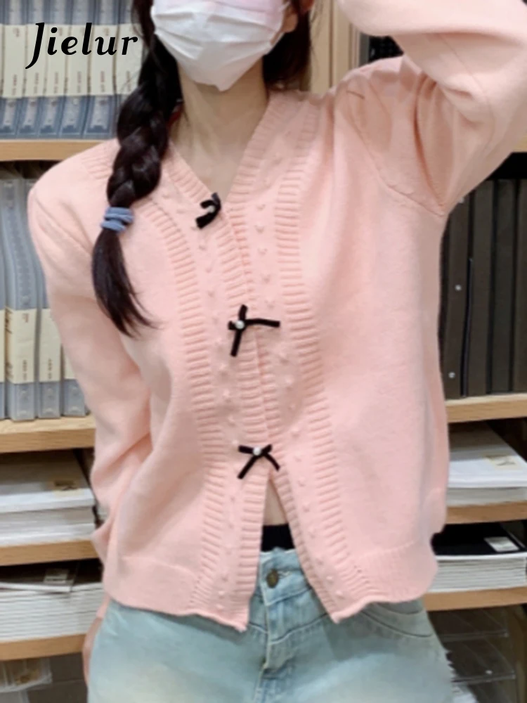 

Jielur Bow V-neck Knitted Sweet Female Cardigan Slim Solid Color Single Breasted Casual Winter Women's Cardigan Slight Stretch