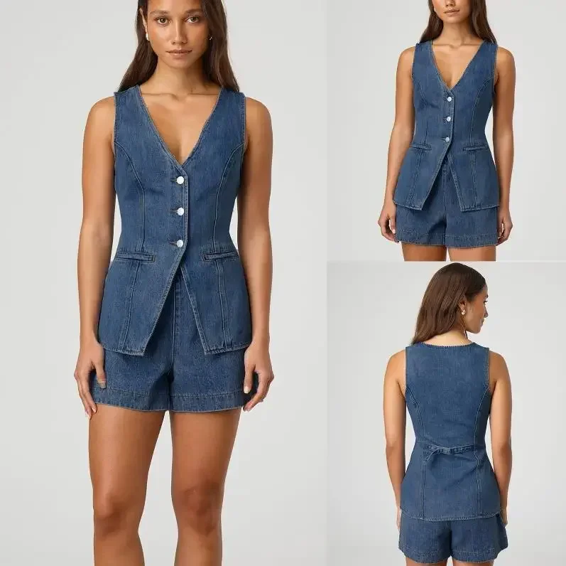 

Women Denim 2 Piece Sets Vest Shorts Suit Sleeveless Waistcoat V Neck Single Breasted Vintage Ensemble Short Pants Outfits