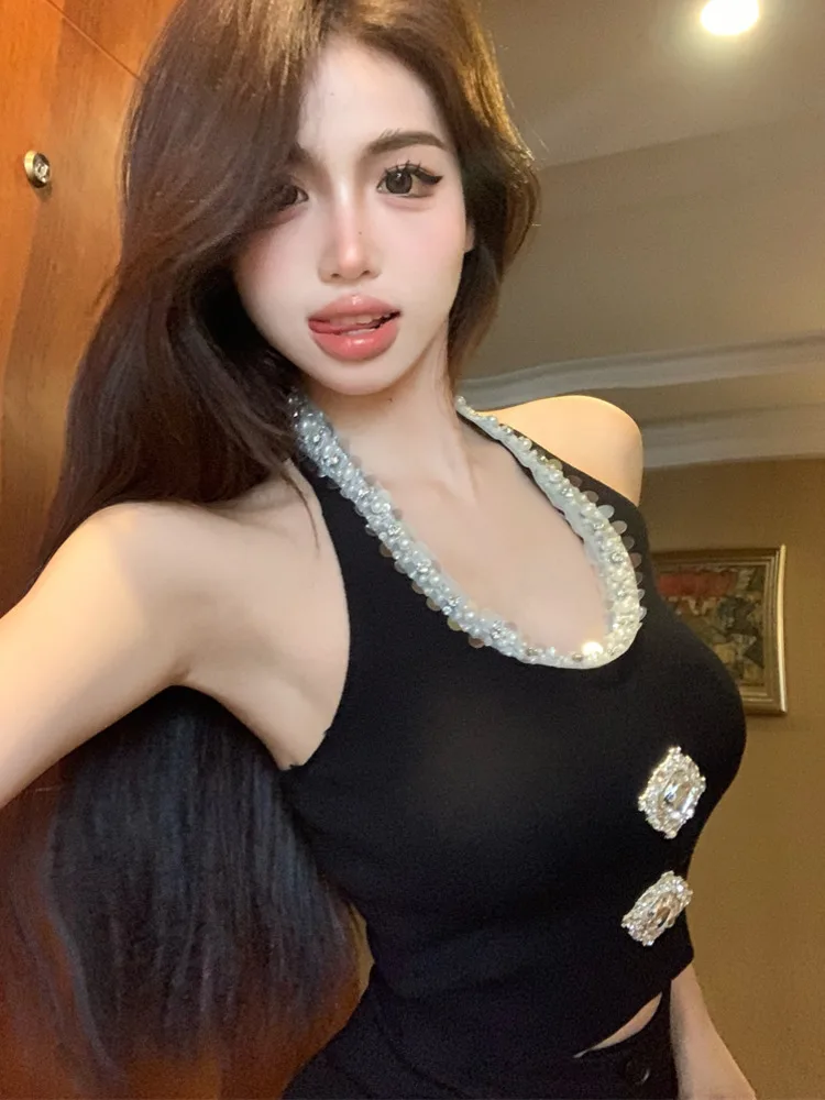 French Luxury Diamond Buttons Women Summer V-neck Sleeveless Hotsweet Crop Top Korean Fashion Fried Street Ladies Tank Tops