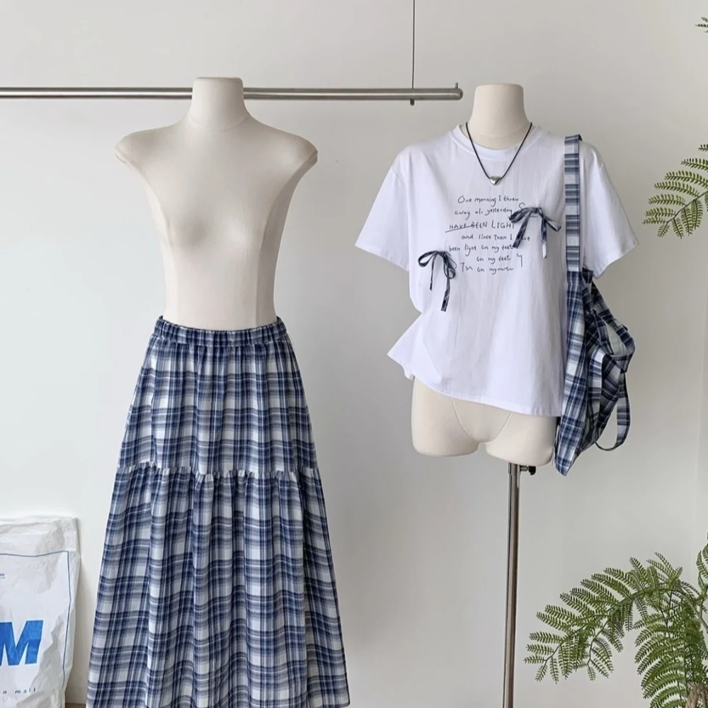 Korean simple small fresh bow plaid set loose versatile short-sleeved T-shirt + plaid skirt with bag