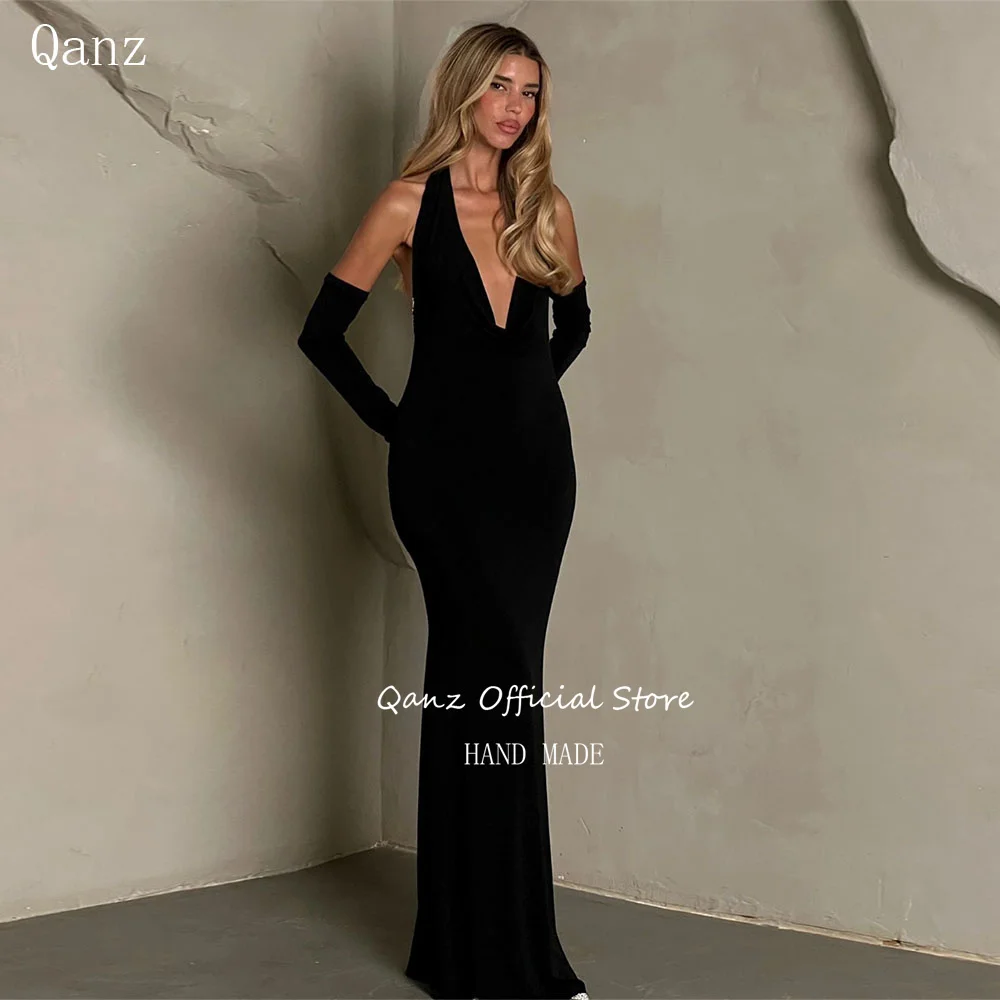 

Qanz Black Mermaid Evening Dresses Deep V Neck Vestidos De Fiesta Elegantes Backless Long Sleeves Party Prom Gown Customized