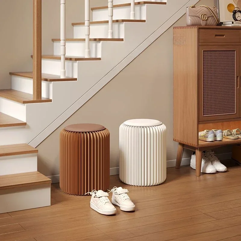 เก้าอี้พับได้แบบพกพาทรงกลมสำหรับห้องนั่งเล่น เก้าอี้กระดาษสำหรับเปลี่ยนรองเท้า ประหยัดพื้นที่ เฟอร์นิเจอร์ประหยัดพื้นที่