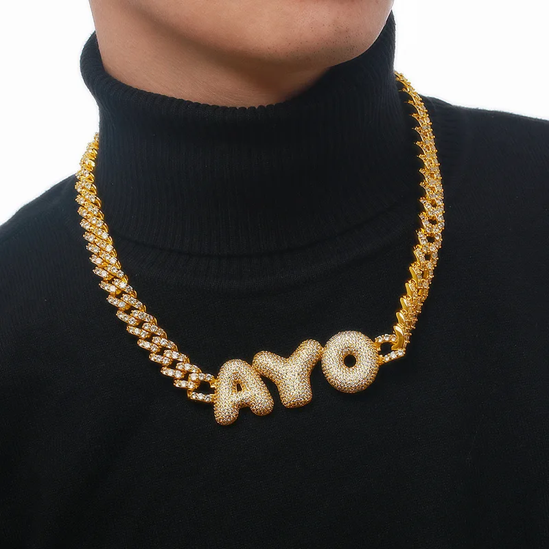 

European and American hip hop rhombus copper micro-inlaid zircon necklace personalized bubble ball letter splicing