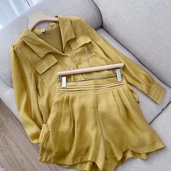 Conjunto de dos piezas para mujer, camisa de manga larga, pantalones cortos, ropa de temperamento, estilo informal Simple, Color sólido, primavera y verano