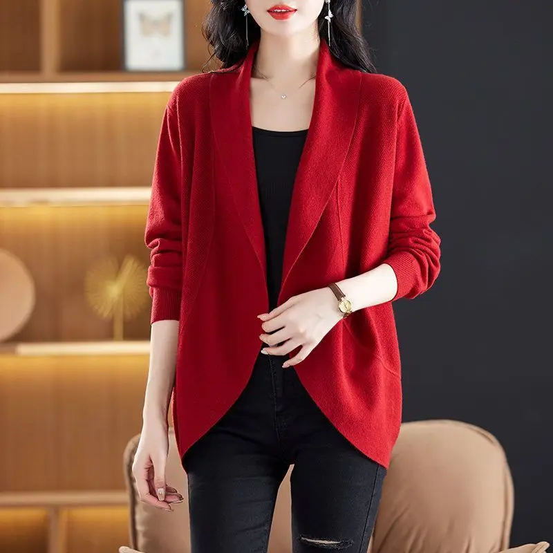 Women Lapel Open Front Knit Cardigan Long Sleeve Solid Color Loose Elegant Ladies Knit Outerwear