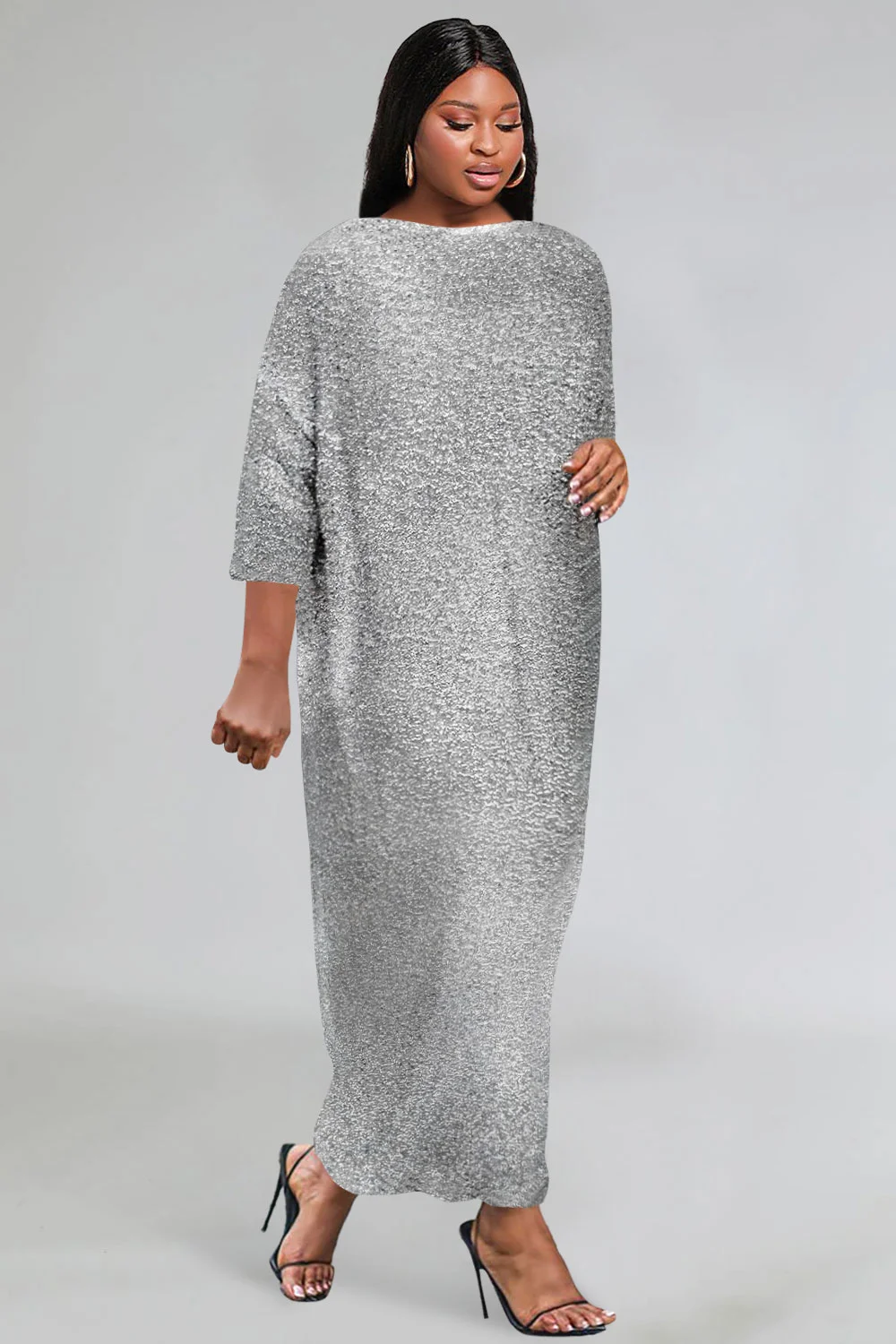 Women\'s Plus Size Formal Maxi Dresses Elegant Silver Fall Winter Crew Neck 3/4 Sleeve Glitter Fabric Maxi Dresses Vestidos 2024