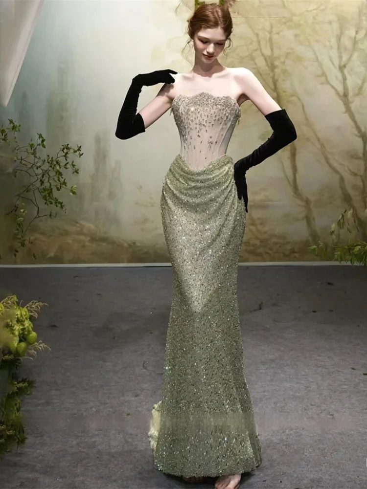 Customized Tube Top Mesh Boned Corset Prom Dresses Hand Stitched Pearl Rhinestone Draped Sequin Mermaid Formal Gown for Women