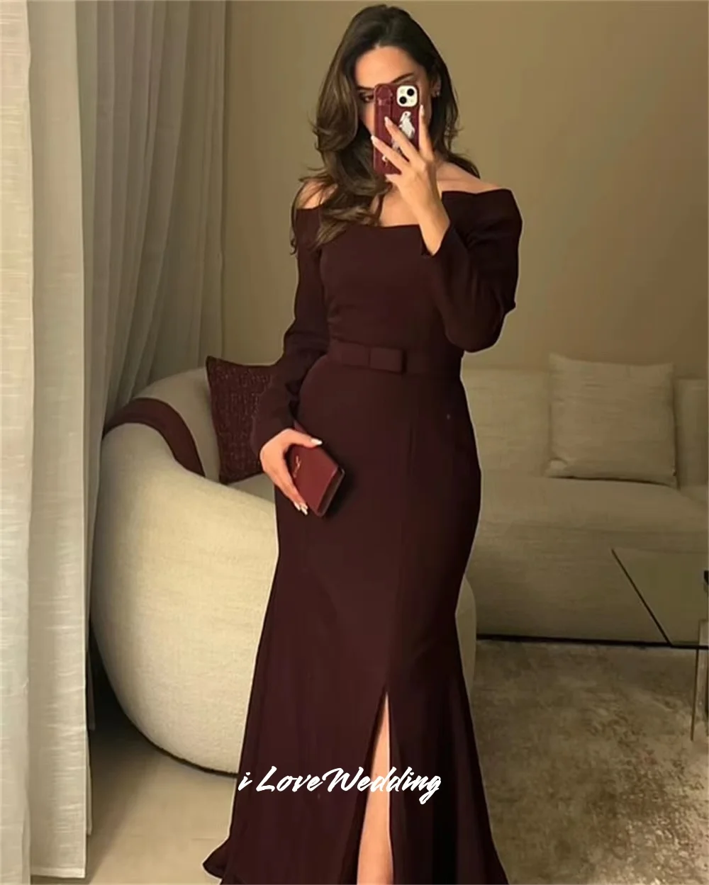 

Burgundy Square Neck Evening Dresses 2025 Satin Long Sleeve Mermaid Belt Side Split Floor-Length Wedding Party Dress Customized