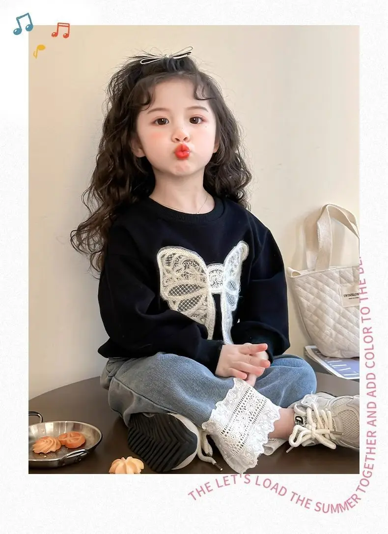 Kleinkind Mädchen Sweatshirt mit Großer Spitze und Schleife Lässiger Baumwoll-Pullover mit Punkten für Kleinkinder Rundhals Langarm Oberteil Kinderkleidung – Detail 20