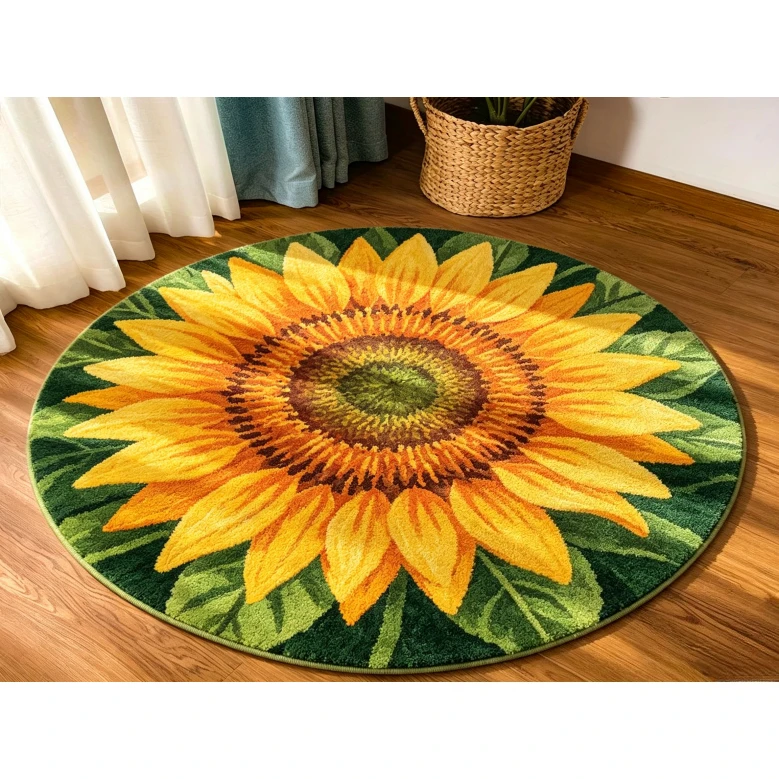 Vibrant Botanical Round Floor Rug Large Sunflower Blossom Green Foliage Nature Inspired Pattern Decor Area Rug for Home Ornament