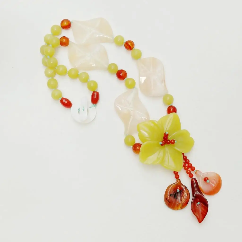 Lii Ji Yellow Color Natural Stone Agates Jades Yellow Jades Flower Pendant Tassel Necklace 60cm