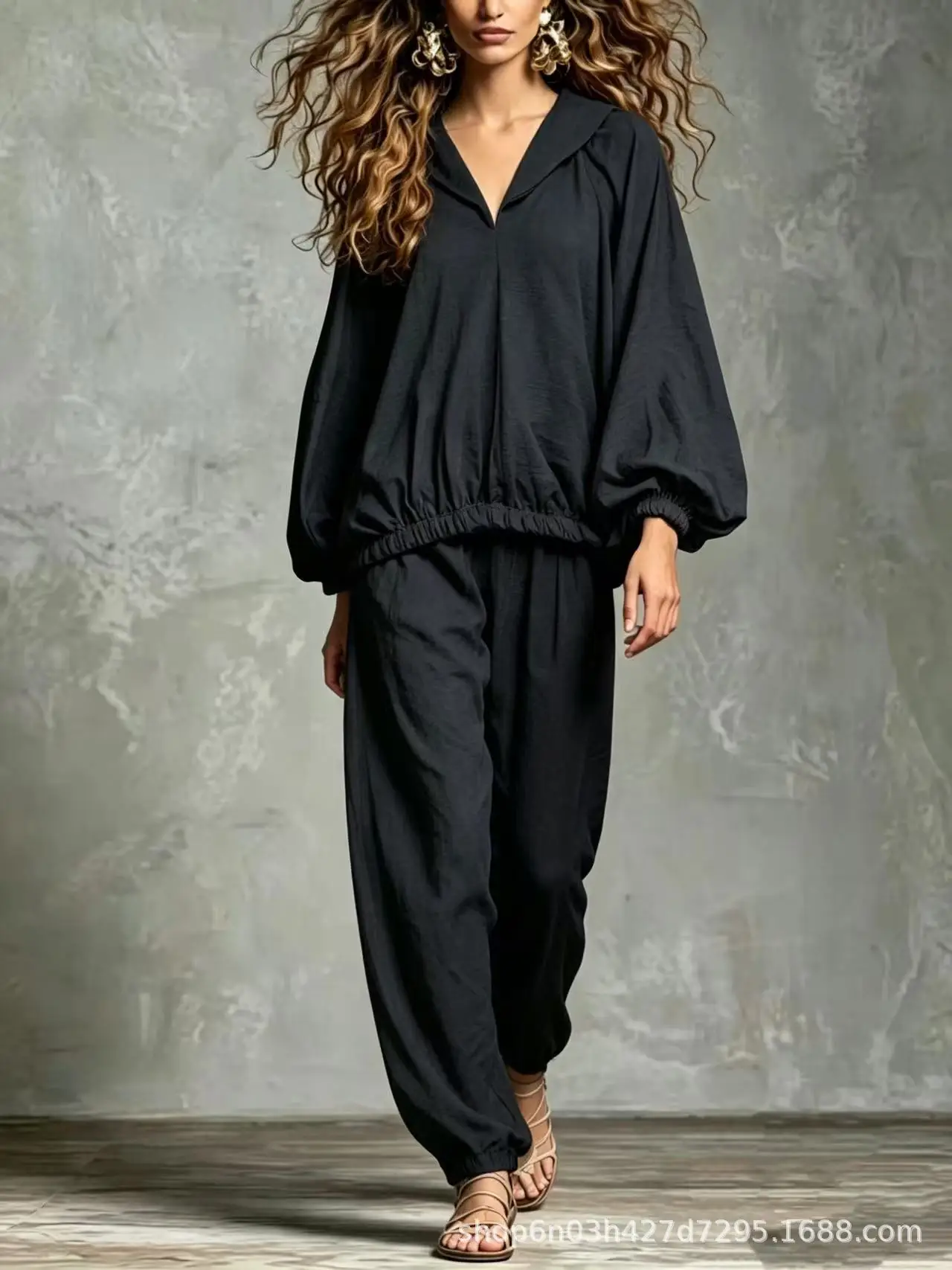 Fashionable Trousers Set Solid Color Simple Elegant Autumn Winter Commuting Style V-neck Lantern Sleeve Top Trousers 2-piece Set