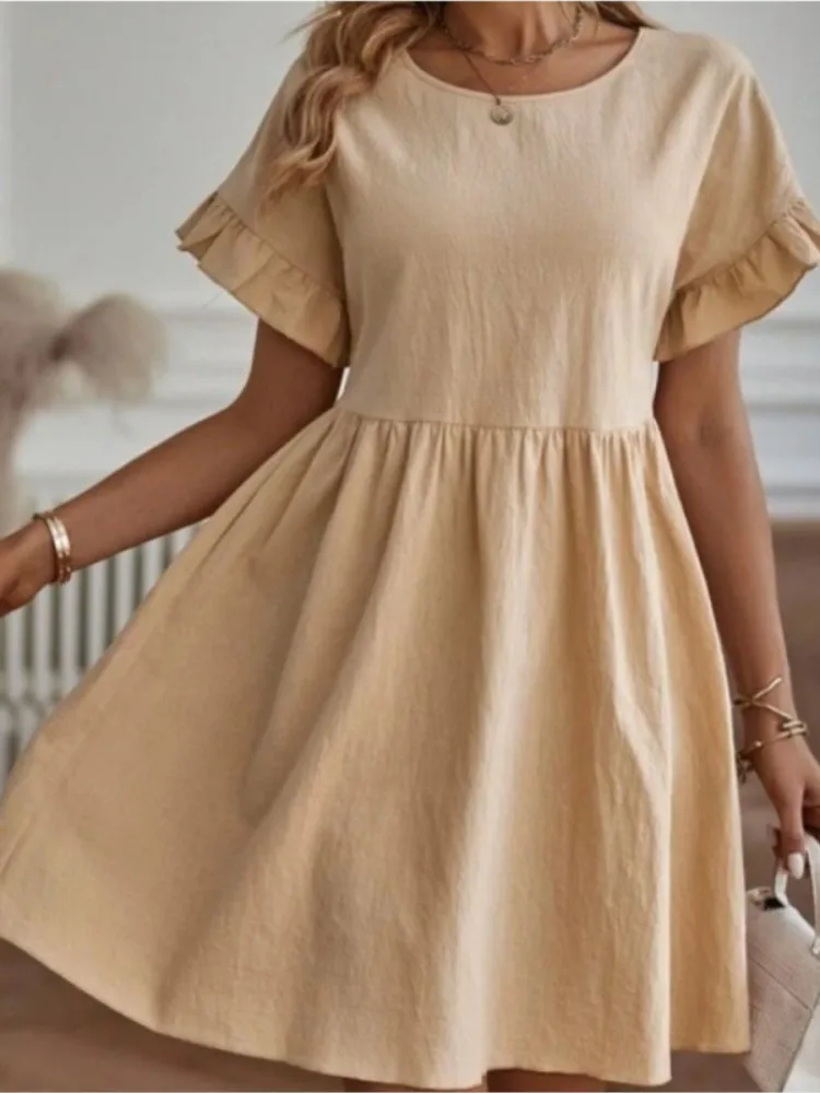 

Summer Casual Loose Cotton Linen Folds Mini Dress Women Solid O-neck Short Sleeve A-line Dresses Female New Fashion Beach Dress