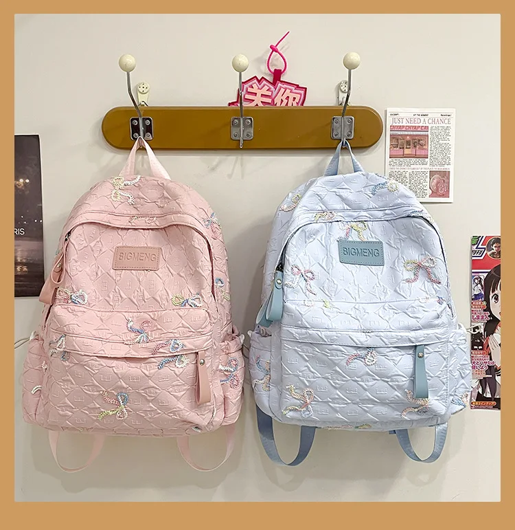Colorful Bow Full Print Ruched Fabric Backpack Four Colors Available Large Capacity Girls Junior High High School School Bag