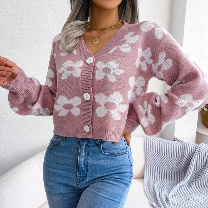 

Fashion Flower Printed Knitted Sweater Jacket Autumn Winter New Cropped Cardigan Women Casual Loose Long Sleeve Short Coat 28739