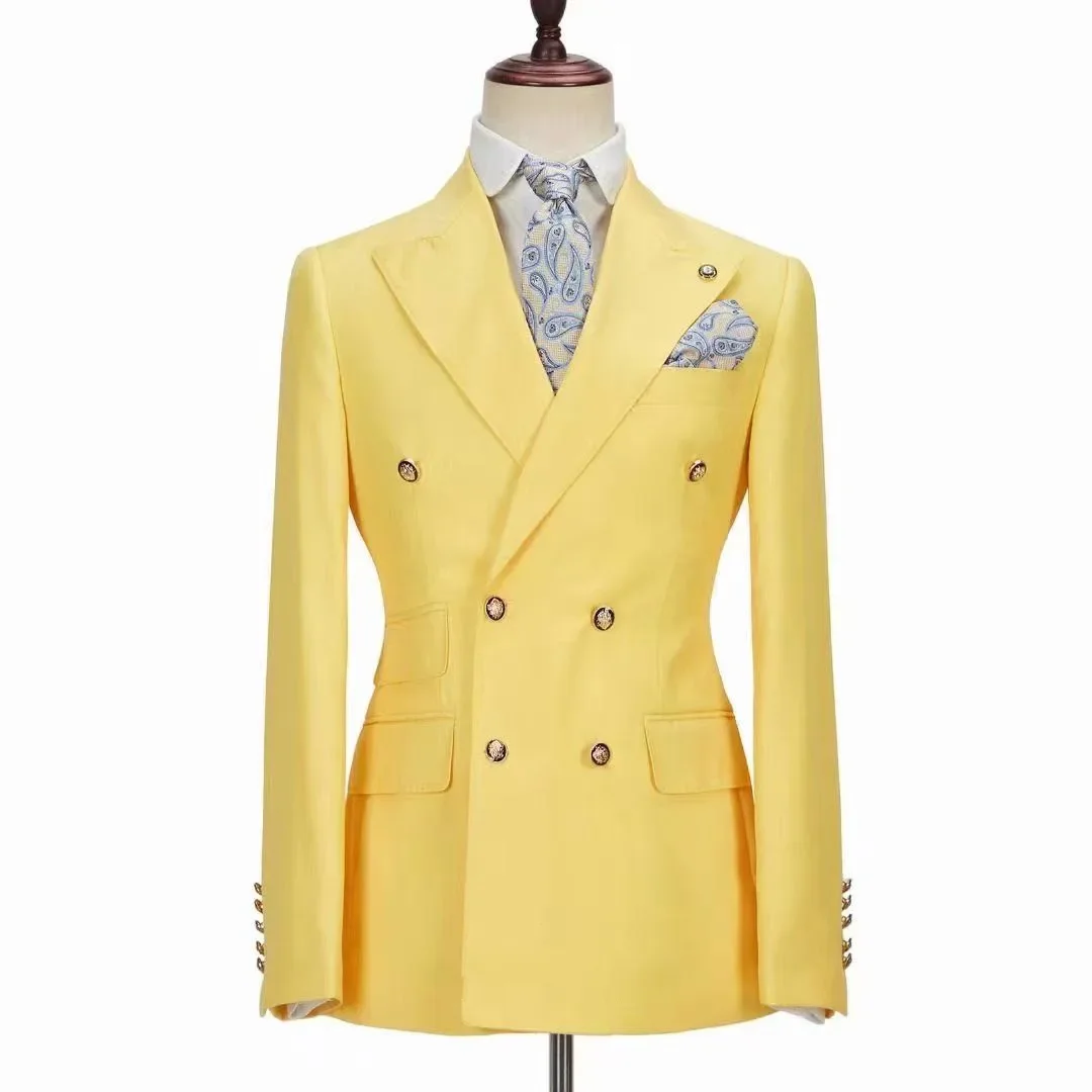 

Tailor made luxury noble Yellow double breasted pointed Lapel men for wedding man suit slim fit party Blazer Jacket+Vest+pants