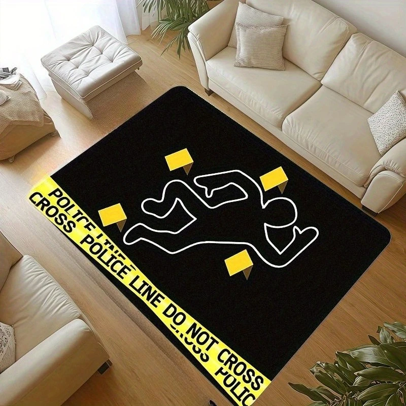 Crime Scene Tape Doormat, Realistic Police Investigation Decor with Body Outline, Non-Slip Sensation Warning Line Area Rug