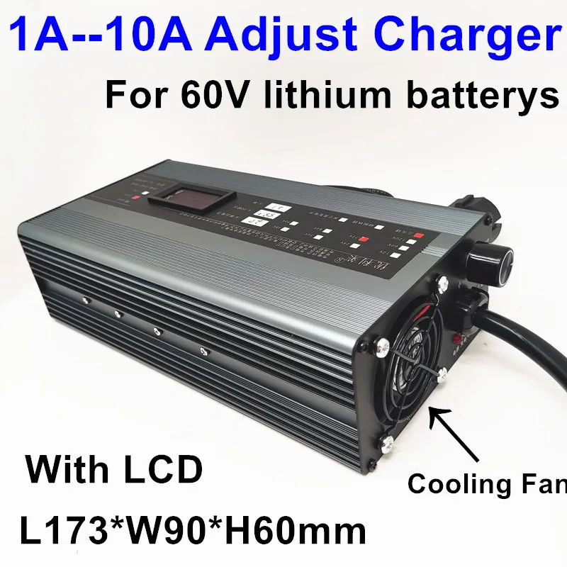 

1A to 10A adjustable Smart 60V Charger with LCD display for 16S 67.2V 17S 71.4V 18S 75.6V li ion 20S 73V lifepo4 lithium battery