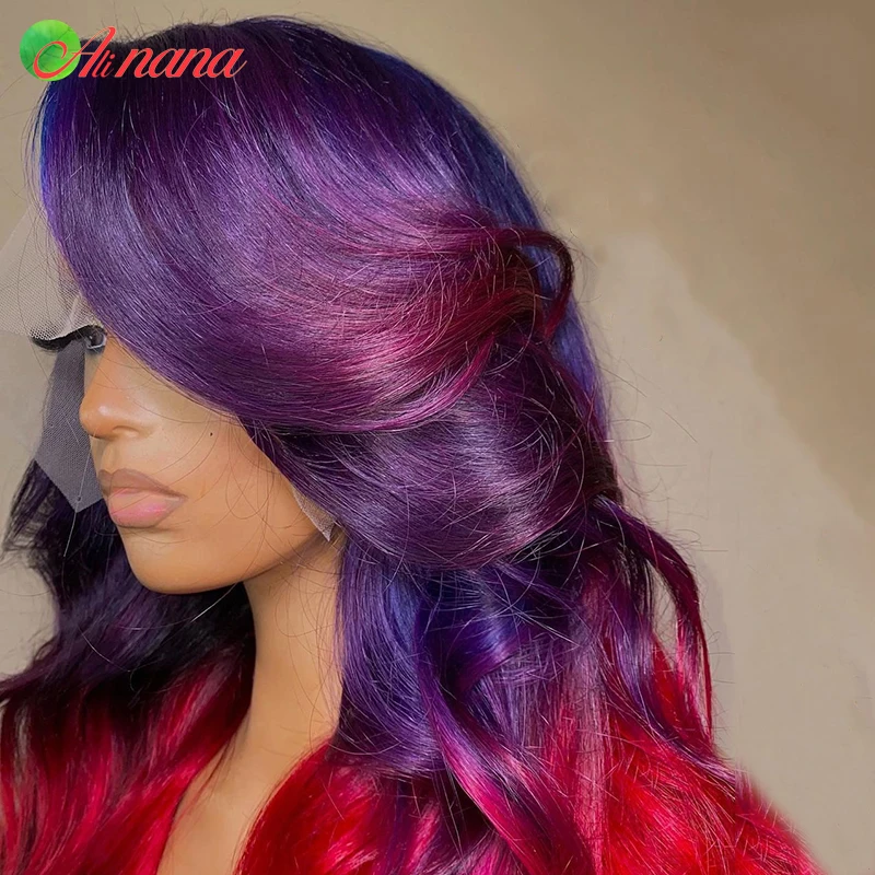 Alinana-Peluca de cabello humano 13x4 para mujer, postizo de encaje Frontal transparente, color morado y Rojo degradado, 30 pulgadas