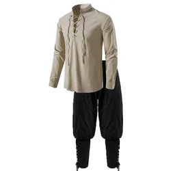 Medieval Pirate Drawstring Shirt Pants Men's Halloween Cosplay Dress Up Costume Vacation Cotton Linen Breathable