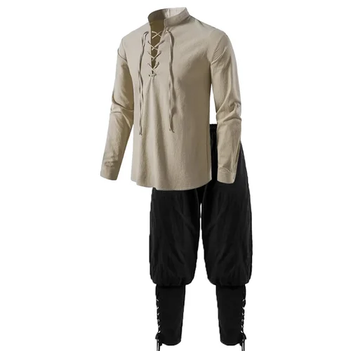 Camisa con cordón de pirata Medieval para hombre, pantalones, disfraz de Halloween, disfraz de vacaciones, algodón y lino, transpirable