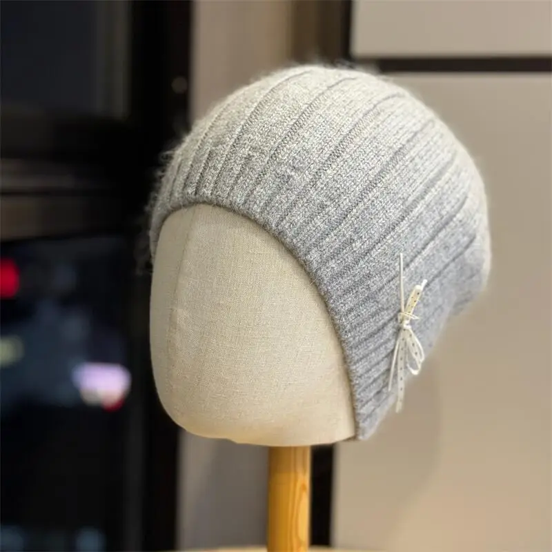 Winter Soft Plush Knit Beanie Hat Women Delicate Ribbon Ribbon Bow Skull Cap Шапка Женская Solid Warm Ear Protection Bonnet