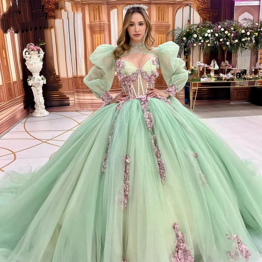 

Элегантное мятно-зеленое платье Quinceanera с кружевной аппликацией и жакетом, вырез в форме сердца, официальное бальное платье Sweet 16