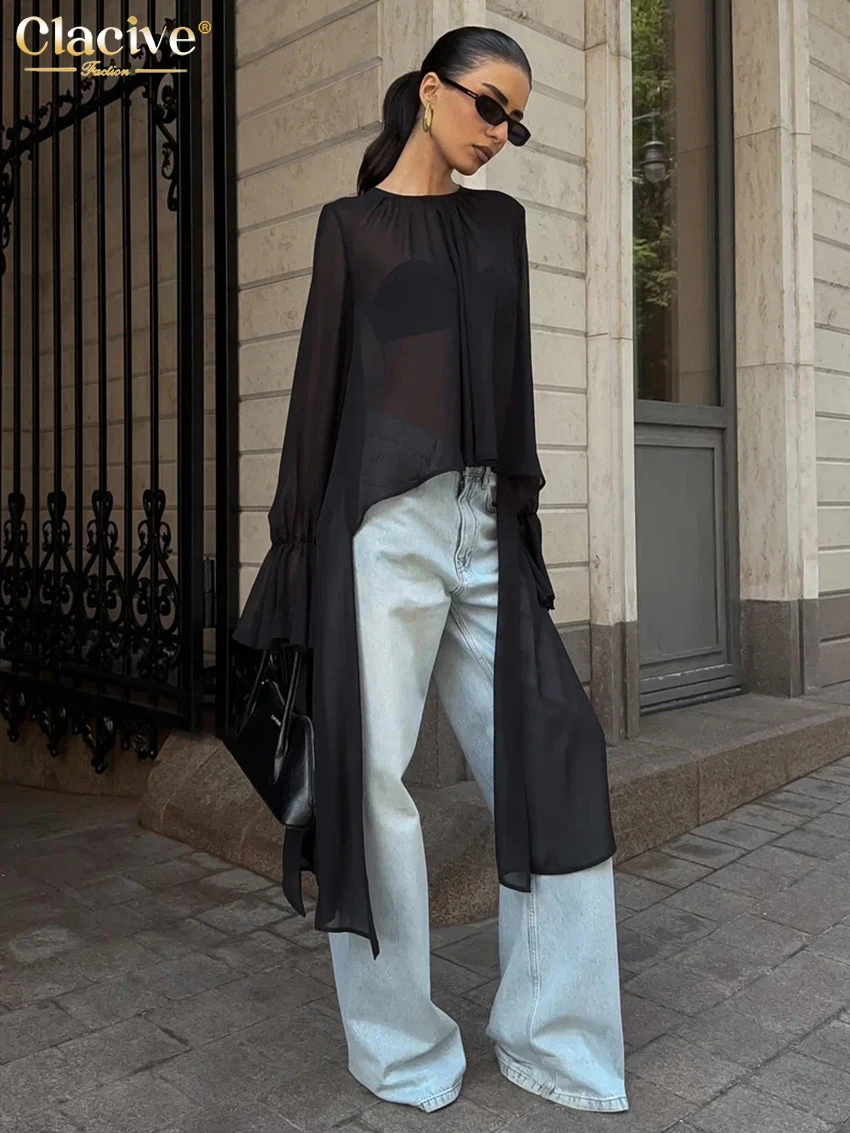 

Clacive Fashion Loose Black Women's Shirt 2025 Casual O-Neck Long Sleeve Lady Shirt Elegant Classic Solid Top Female Clothing