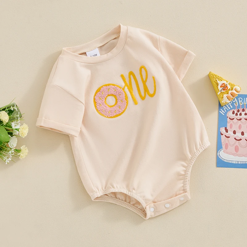 Toddler Baby Girl Birthday Outfit One Two Three Donut Embroidery Bodysuit Shirt Sweet First Birthday Girl Gift