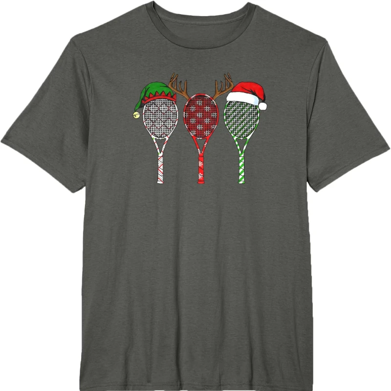 Tenis Merry Chistmas 3 Raqueta De Tenis Camiseta De Navidad, Czarna Koszulka z Krótkim Rękawem i Okrągłym Dekoltem, Bawełniana, Na Wszystkie Sezony, Do Noszenia na Zewnątrz