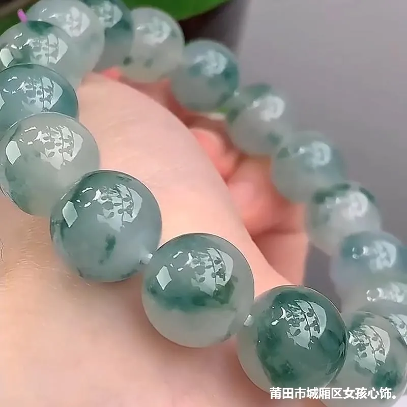 Natural Myanmar Mine Timber Pearl Treasure Ice-like Floating Flowers Jadeite Blue Flower round Beads Jade Bracelet