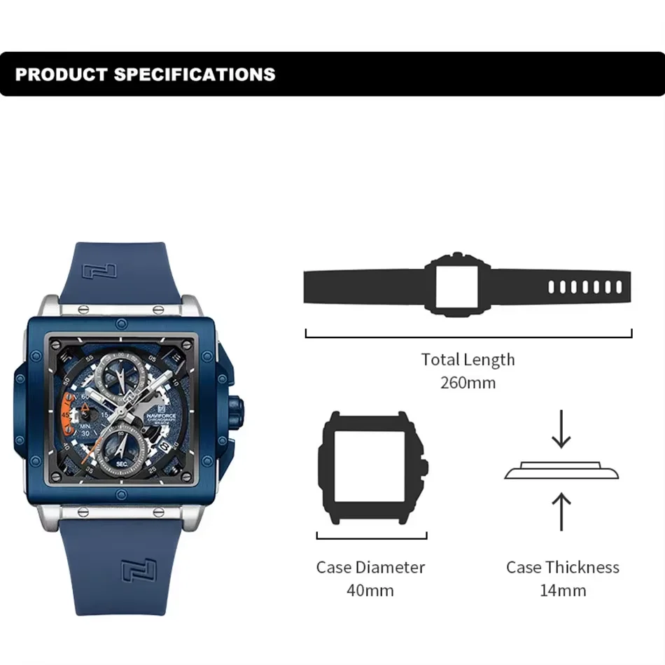 أعلى العلامة التجارية NAVIFORCE الرجال ساعة مربعة العلامة التجارية الفاخرة الرياضة سيليكون حزام حركة التقويم الكوارتز للماء الساعات Relogi