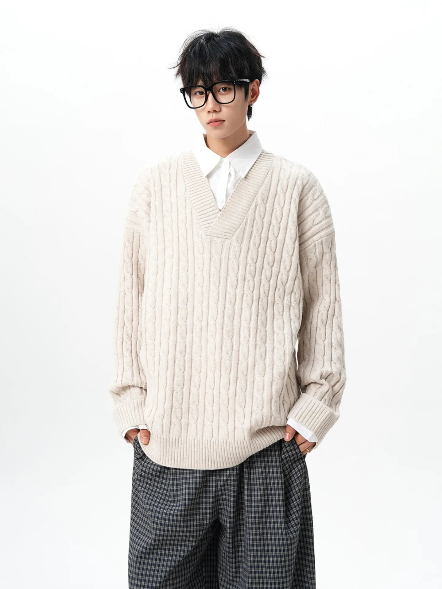 

Loose Men's Knitted Sweater Fake Two-Piece irt Collar Autumn Winter American Retro Base Layer irt Casual Comfortable Poly...