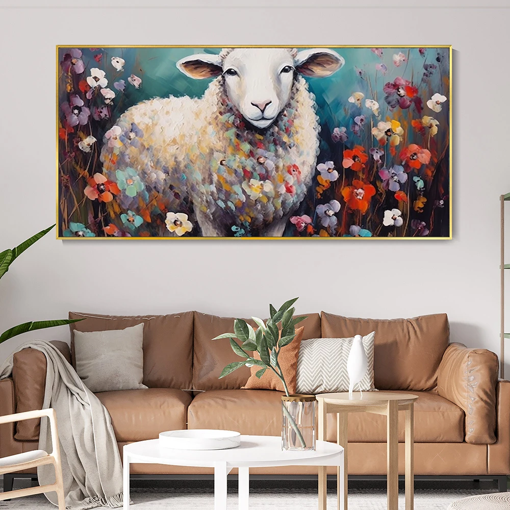 

Hand Painted Oil Painting Creative Flower Field Sheep Canvas Oil Painting Large Original Animal Portrait Art Home Wall Decor