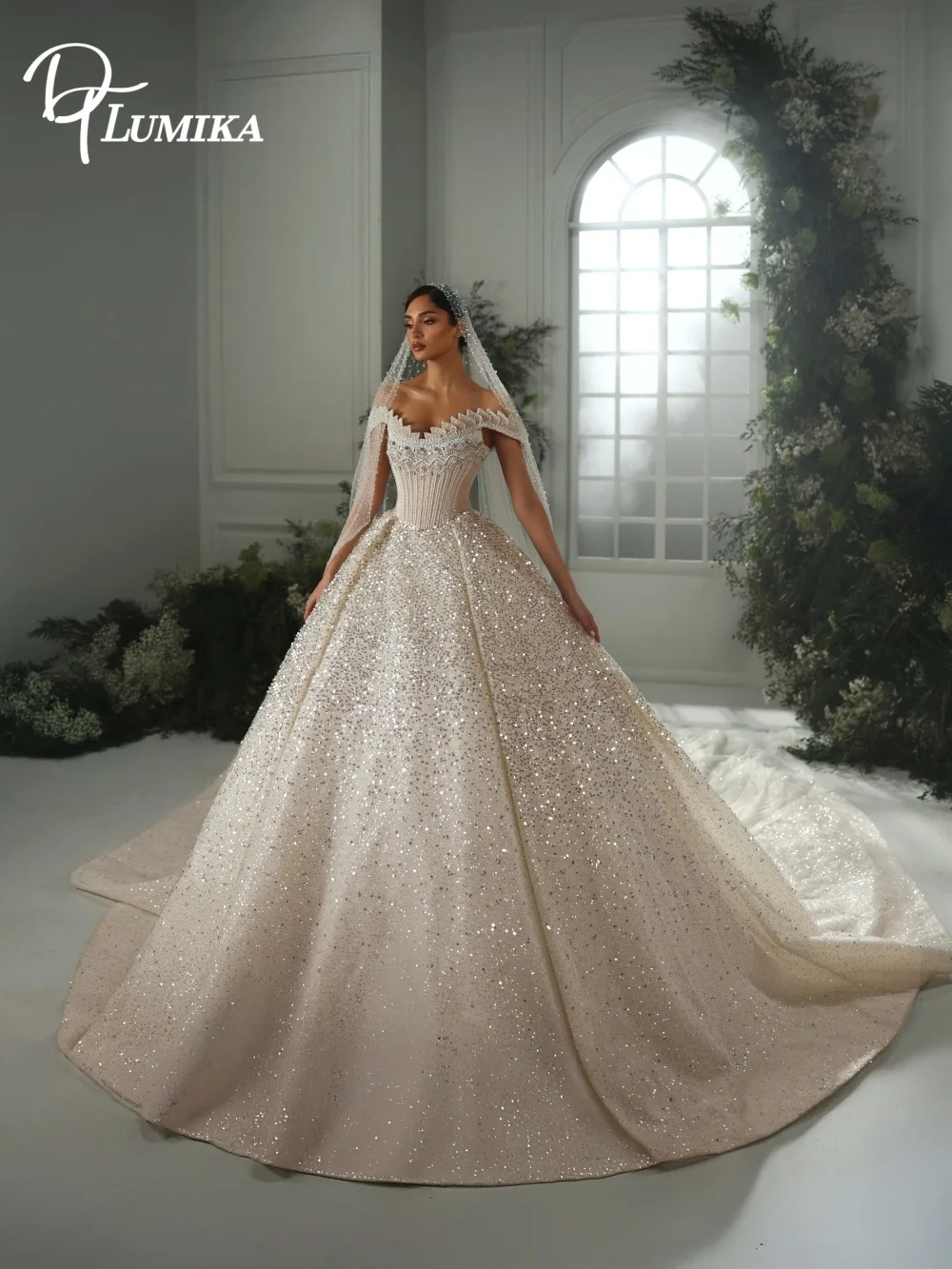 Enchanting Off Shoulder Neck Bridal Dress Glittering Sequins Corset Bodice Wedding Gown Customized Bride Robe Vestido De Novia