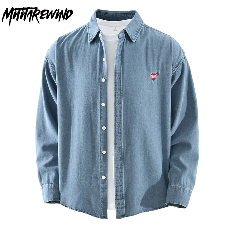 

Korean Style Mens Denim Shirt Jacket Spring Men's Casual Shirts Streetwear Love Embroidery Shirt Couple Long Sleeve Jean Shirts