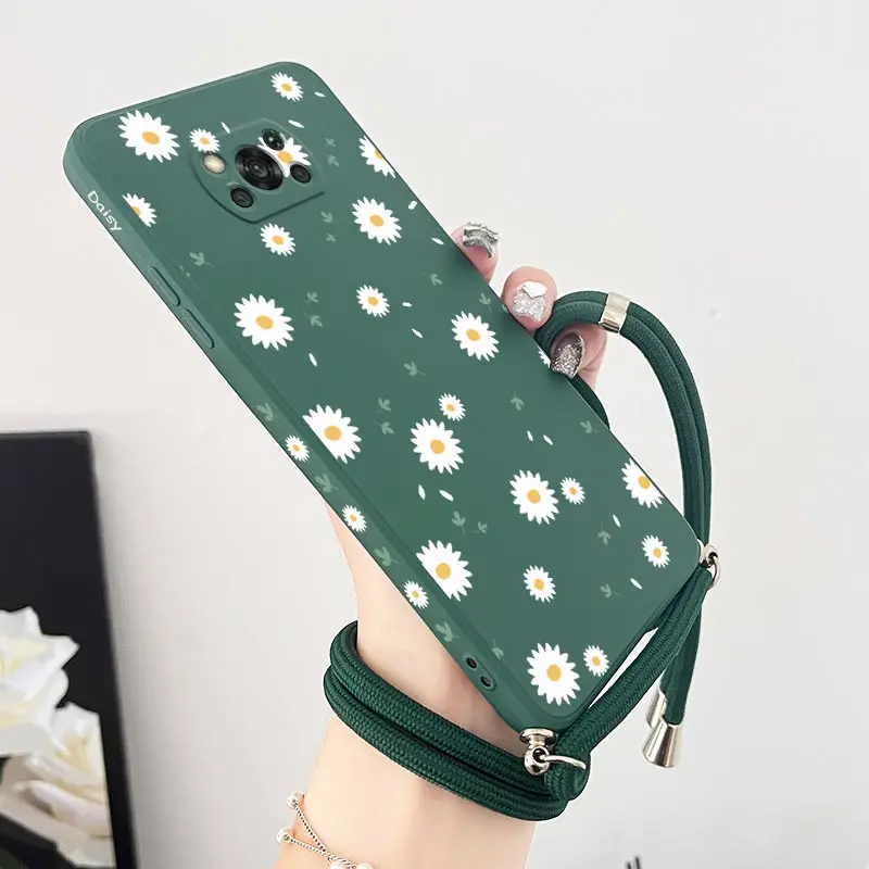 Deciduous Daisies Crossbody Lanyard Silicone Phone Case For Xiaomi Poco M5 M4 Pro F4  X4 GT F4 GT X4 F3 X3 M3 X3 NFC C40 Cover