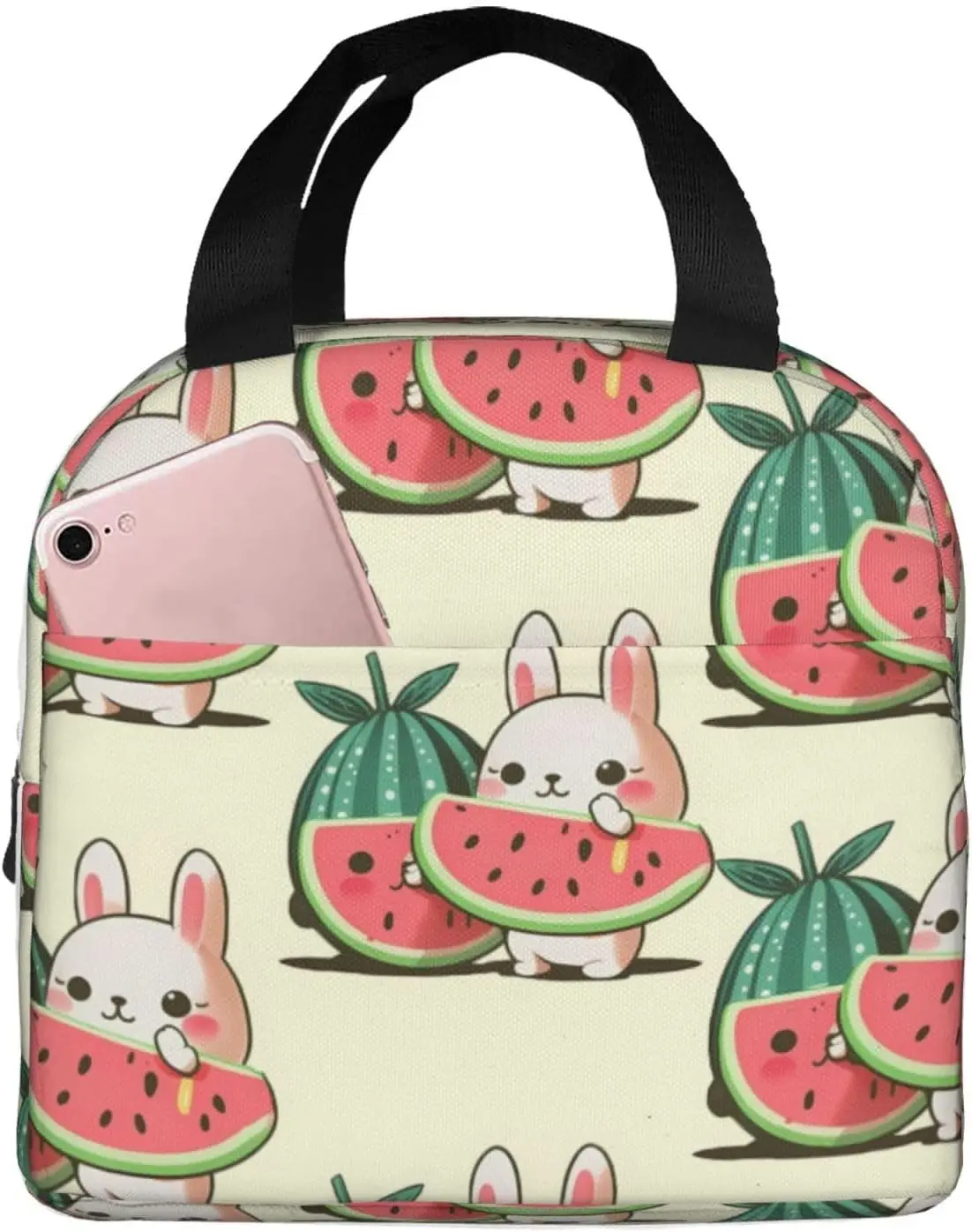 Rabbit Loves Watermelon Insulated Lunch Bag  Thermal Freezable lunch Tote Waterproof Bento Lunc h Box, Women Men Lu nch Tote For