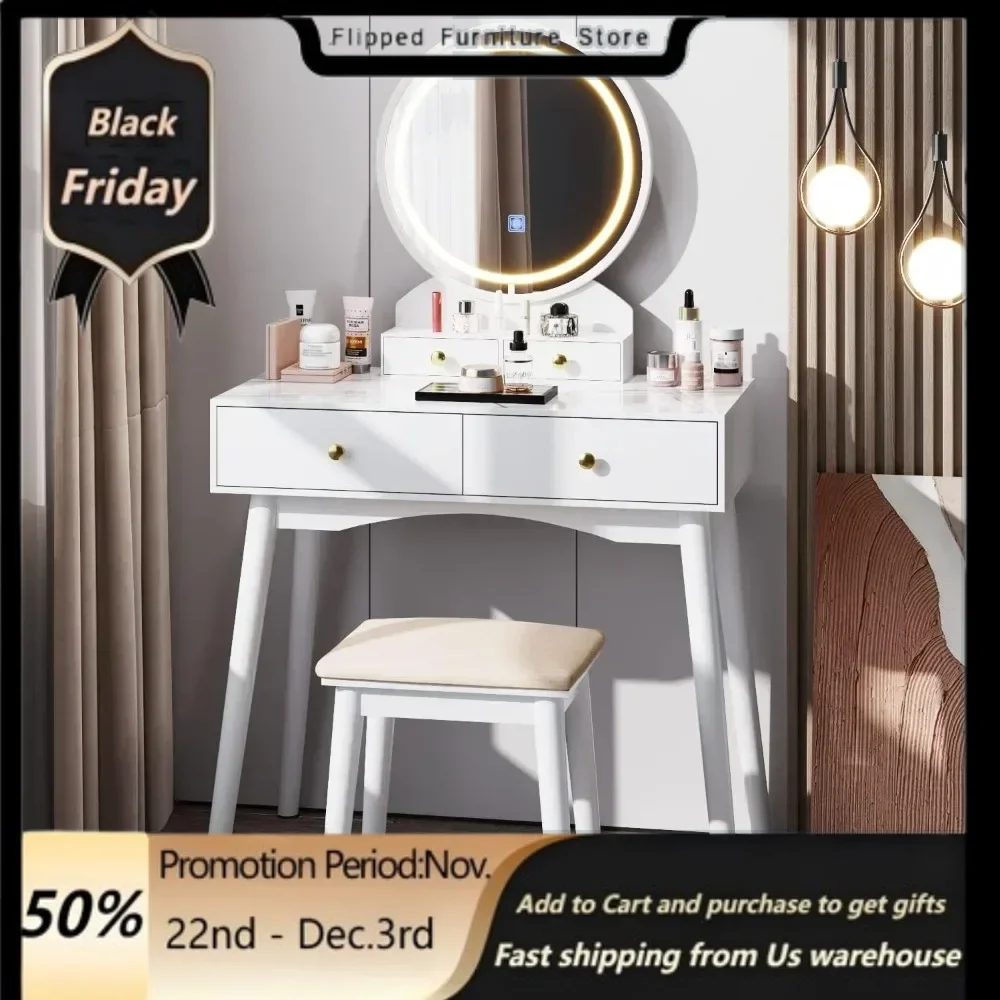 

Vanity Desk Makeup Vanity Table with Lighted Mirror Vanity Set with Modern Desktop, Soft Cushioned Stool, 4 Storage Drawers