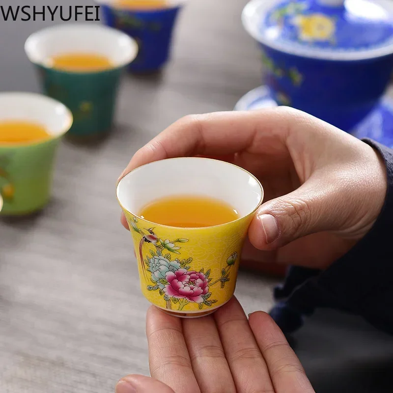 4 Pcs/set Jingdezhen Exquisite Ceramic Teacup Hand Painted Flowers and Birds Enamel Tea Set Travel Portable Tea Bowl Master Cup
