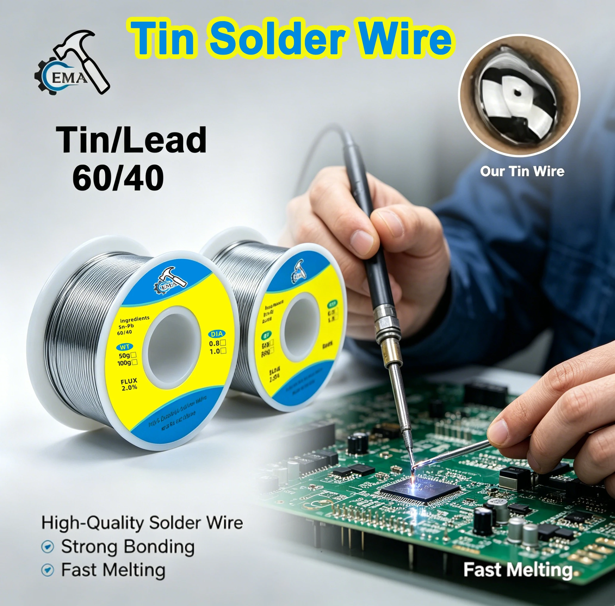Fio de Solda 60/40 ou 25/75 com Fluxo de Estanho e Chumbo, Carretel de Solda Multiuso para Eletrônicos e Ferramentas Domésticas 50/100g