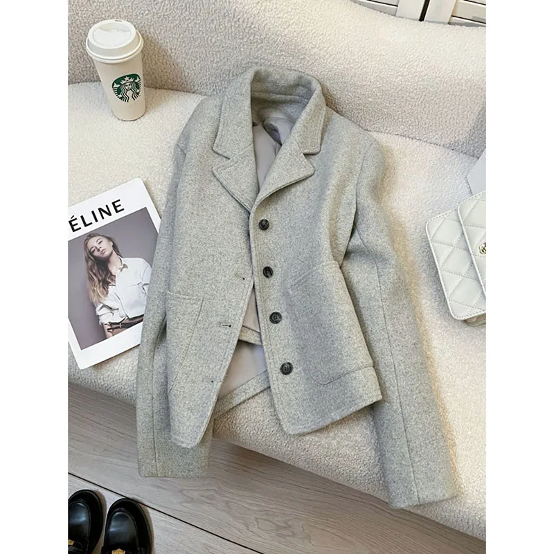 

Женский шерстяной пиджак-блейзер осенний 2026, серый, короткий, повседневный, свободный крой, в корейском стиле, элегантный, с длинными рукавами, верхняя одежда