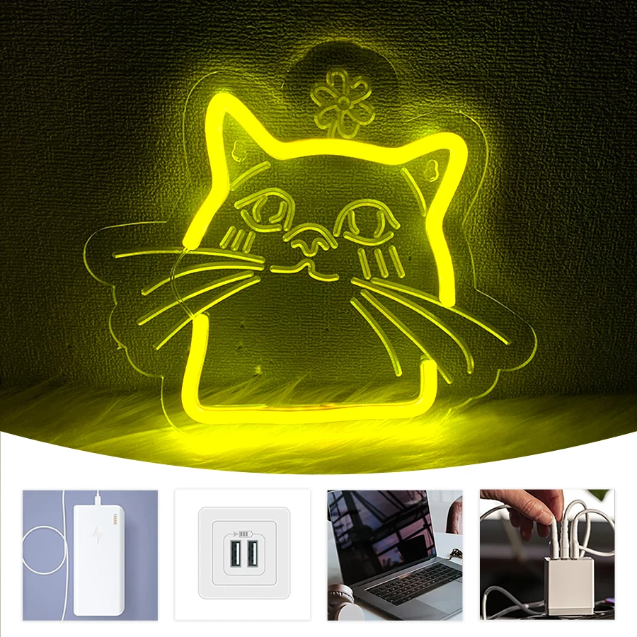 لافتة نيون LED على شكل قطة صفراء، أيقونة حيوانات منحوتة ثلاثية الأبعاد، تستخدم لغرفة النوم، ومتجر الحيوانات الأليفة، والبار، وديكور الحفلات، وهدايا عيد الميلاد للرجال والفتيات