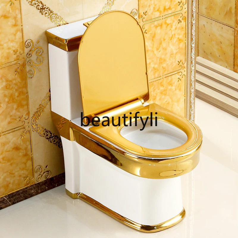 Luxury Gold Flush Toilet Siphon Water-Saving European Style Gold Line Ceramic Vintage Toilet