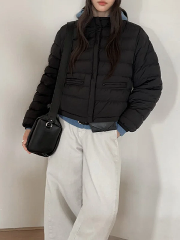 

Fashionable Korean Style Black Cotton Jacket Thick Casual Stand Collar High Quality Winter Outerwear for Women Straight Cut