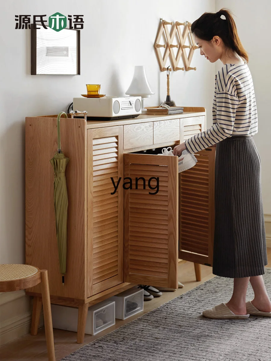 

LTT Solid Wood Shoe Cabinet Home Doorway Entrance Cabinet Living Room Log Shutter Door Storage Cabinet