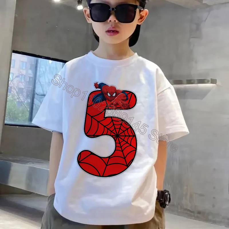 Spiderman Children T-Shirts Birthday Number 1-10 Marvel Cartoon T Shirt Boys Girls Casual Short Sleeved Tops Summer Kids Clothes